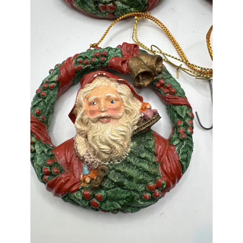 Silvestri Handcrafted Santa Wreath Christmas Ornaments Set of 4 Red Green Gold